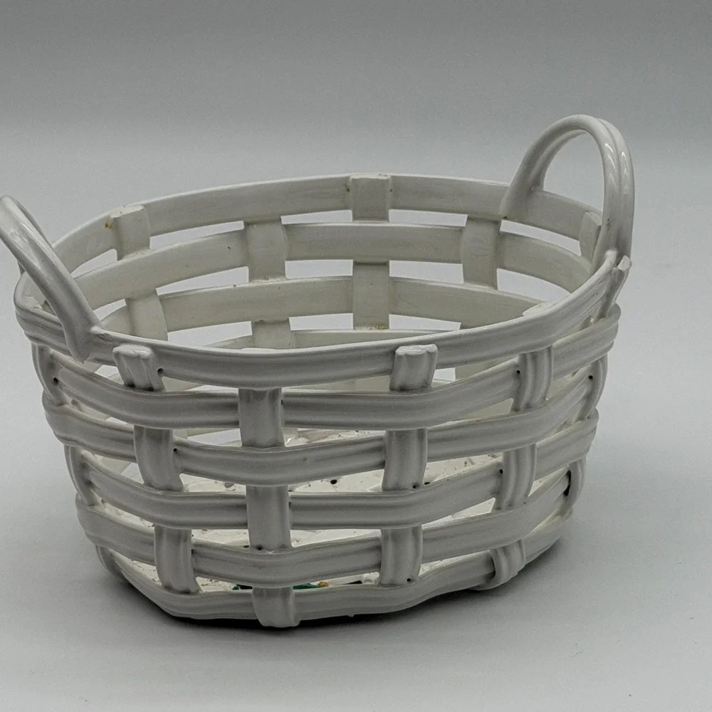 Vintage White Ceramic Lattice Woven Basket Bowl with Handles 9 Inch Oval Glazed